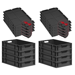 PROREGAL SuperSparSet 8x Eurobox NextGen Grip mit Scharnierdeckel & roten Verschlüssen, HxBxT 12x40x60cm, 23L, Schwarz, Griffe offen, Eurobehälter Image