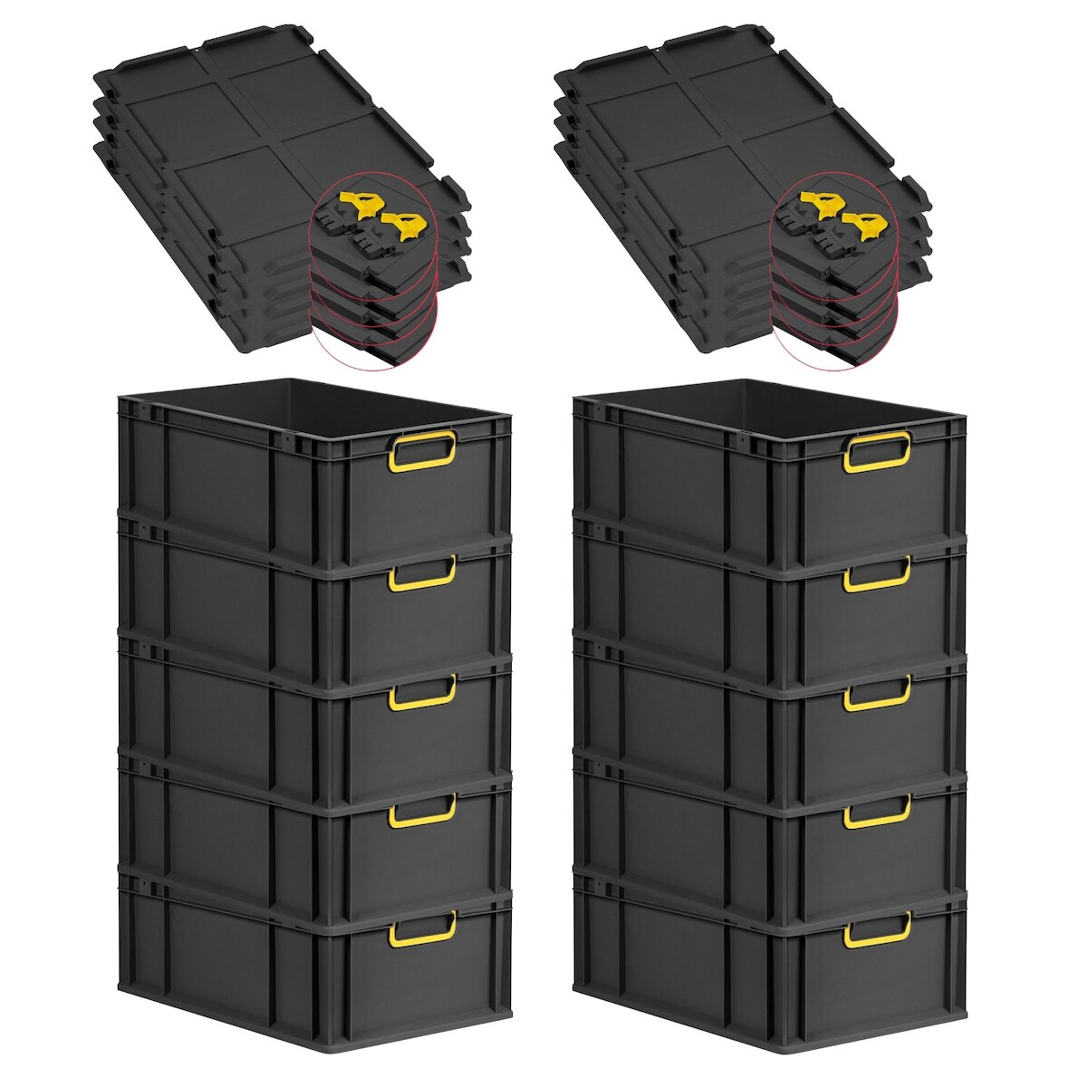 PROREGAL SuperSparSet 10x Eurobox NextGen Color mit Scharnierdeckel & Verschlüssen, HxBxT 22x40x60cm, 44L, Schwarz, Griffe gelb zu, Eurobehälter