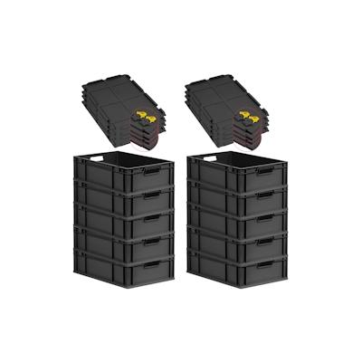 PROREGAL SuperSparSet 10x Eurobox NextGen Grip mit Scharnierdeckel & gelben Verschlüssen, HxBxT 17x40x60cm, 34L, Schwarz, Griffe offen, Eurobehälter Image