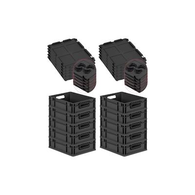 PROREGAL SparSet 10x Eurobox NextGen Color mit Auflagedeckel & Verschlüsse, HxBxT 12x30x40cm, 11L, Schwarz, Griffe schwarz offen, Eurobehälter Image