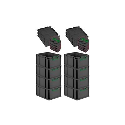 PROREGAL SuperSparSet 8x Eurobox NextGen Color mit Scharnierdeckel & Verschlüssen, HxBxT 22x30x40cm, 20L, Schwarz, Griffe grün zu, Eurobehälter Image