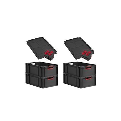 PROREGAL SuperSparSet 4x Eurobox NextGen Color mit Auflagedeckel & Verschlüsse, HxBxT 22x40x60cm, 44L, Schwarz, Griffe rot offen, Eurobehälter Image