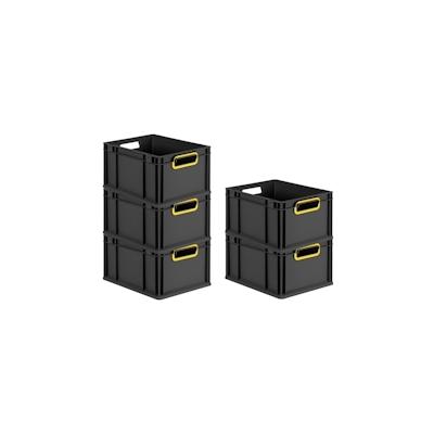 PROREGAL SparSet 5x Eurobox NextGen Color, HxBxT 22x30x40cm, 20 Liter, Griffe gelb offen, Schwarz, Eurobehälter, Transportbehälter Image