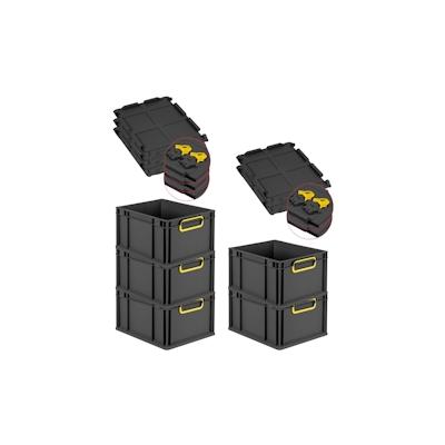 PROREGAL SuperSparSet 5x Eurobox NextGen Color mit Scharnierdeckel & Verschlüssen, HxBxT 22x30x40cm, 20L, Schwarz, Griffe gelb zu, Eurobehälter Image
