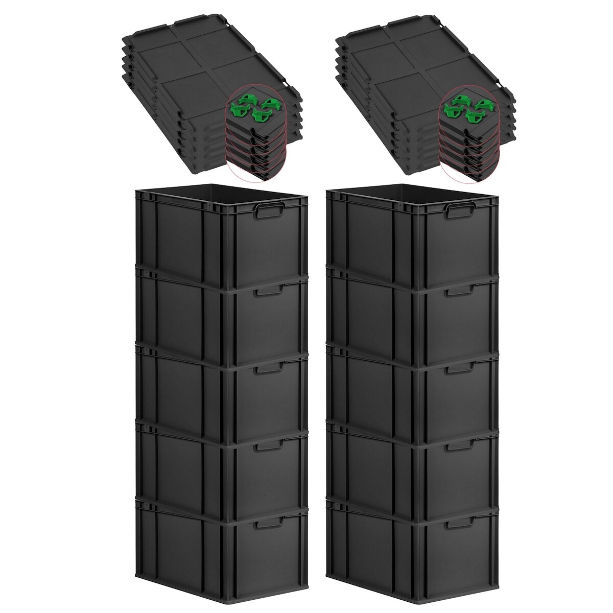 PROREGAL SparSet 10x Eurobox NextGen Grip mit Auflagedeckel & 4 grünen Verschlüssen, HxBxT 32x40x60cm, 65L, Schwarz, Griffe zu, Eurobehälter Image