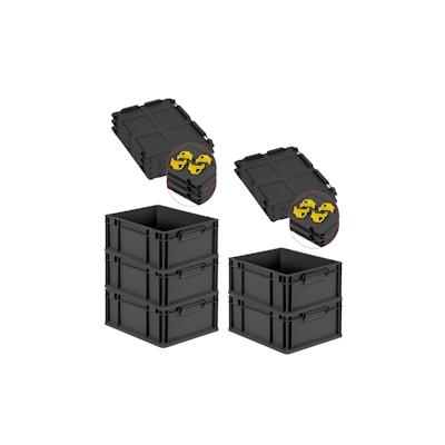 PROREGAL SparSet 5x Eurobox NextGen Grip mit Auflagedeckel & 4 gelben Verschlüssen, HxBxT 17x30x40cm, 16L, Schwarz, Griffe zu, Eurobehälter Image