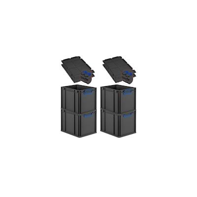 PROREGAL SuperSparSet 4x Eurobox NextGen Color mit Scharnierdeckel & Verschlüssen, HxBxT 32x30x40cm, 30L, Schwarz, Griffe blau zu, Eurobehälter Image