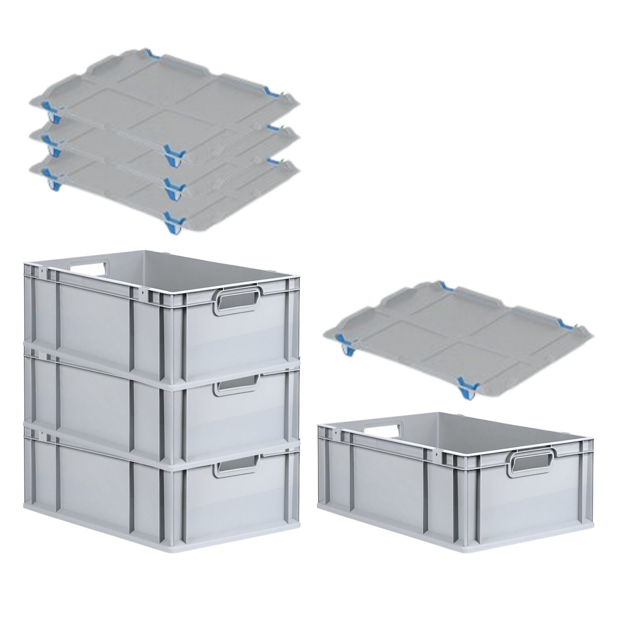 PROREGAL SuperSparSet 4x Eurobox NextGen Grip mit Auflagedeckel & 4 blauen Verschlüssen, HxBxT 22x40x60cm, 44L, Grau, Griffe offen, Eurobehälter Image