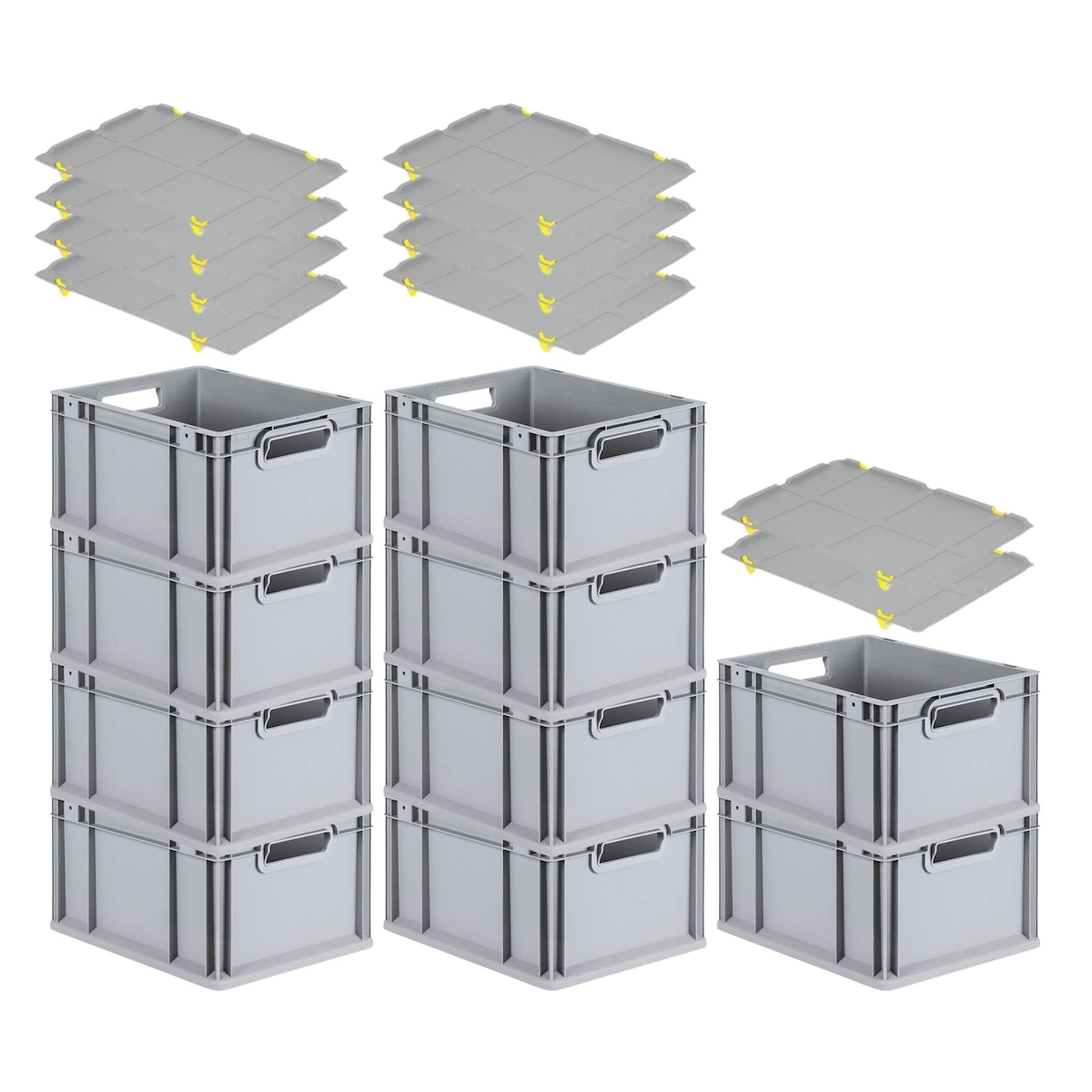 PROREGAL SparSet 10x Eurobox NextGen Grip mit Auflagedeckel & 4 gelben Verschlüssen, HxBxT 22x30x40cm, 20L, Grau, Griffe offen, Eurobehälter Image