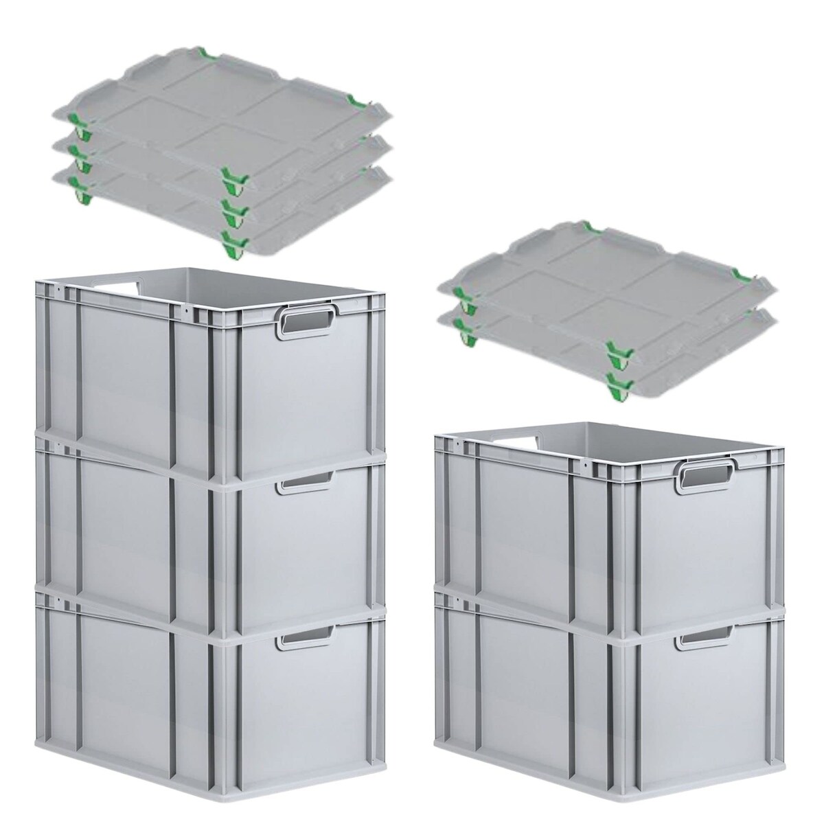 PROREGAL SparSet 5x Eurobox NextGen Grip mit Auflagedeckel & 4 grünen Verschlüssen, HxBxT 32x40x60cm, 65L, Grau, Griffe offen, Eurobehälter Image