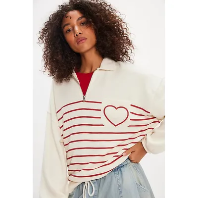 Heart Quarter-Zip Sweatshirt by Chaser at Free People in Starry White, Size: Medium