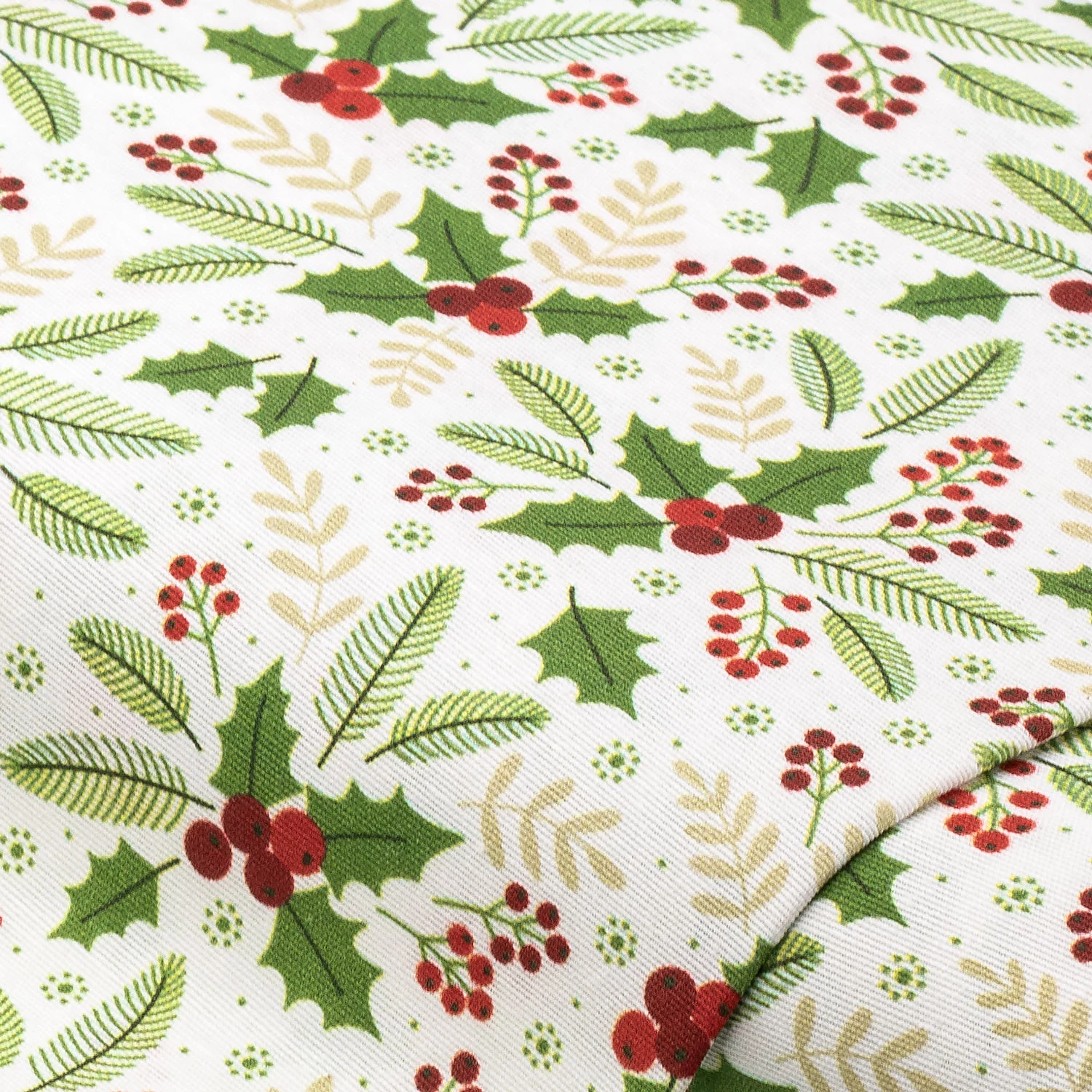 Tissu de décoration "feuilles de houx et baies", écru naturel/coloré, série "Lorena