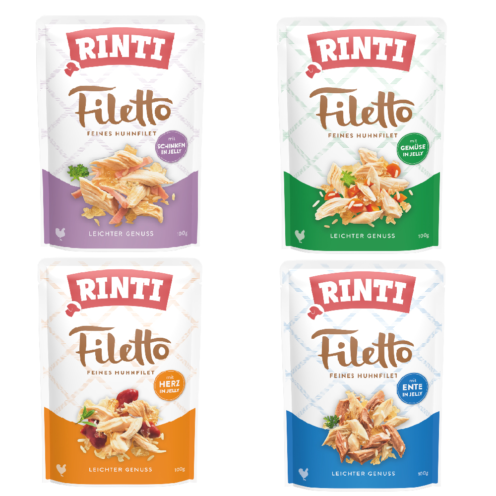 RINTI Filetto in Gelatina Buste Pacco misto 8 x 100 g - Mix: Pollo con Prosciutto, Pollo con Cuore, Pollo con Verdure, Pollo con Anatra