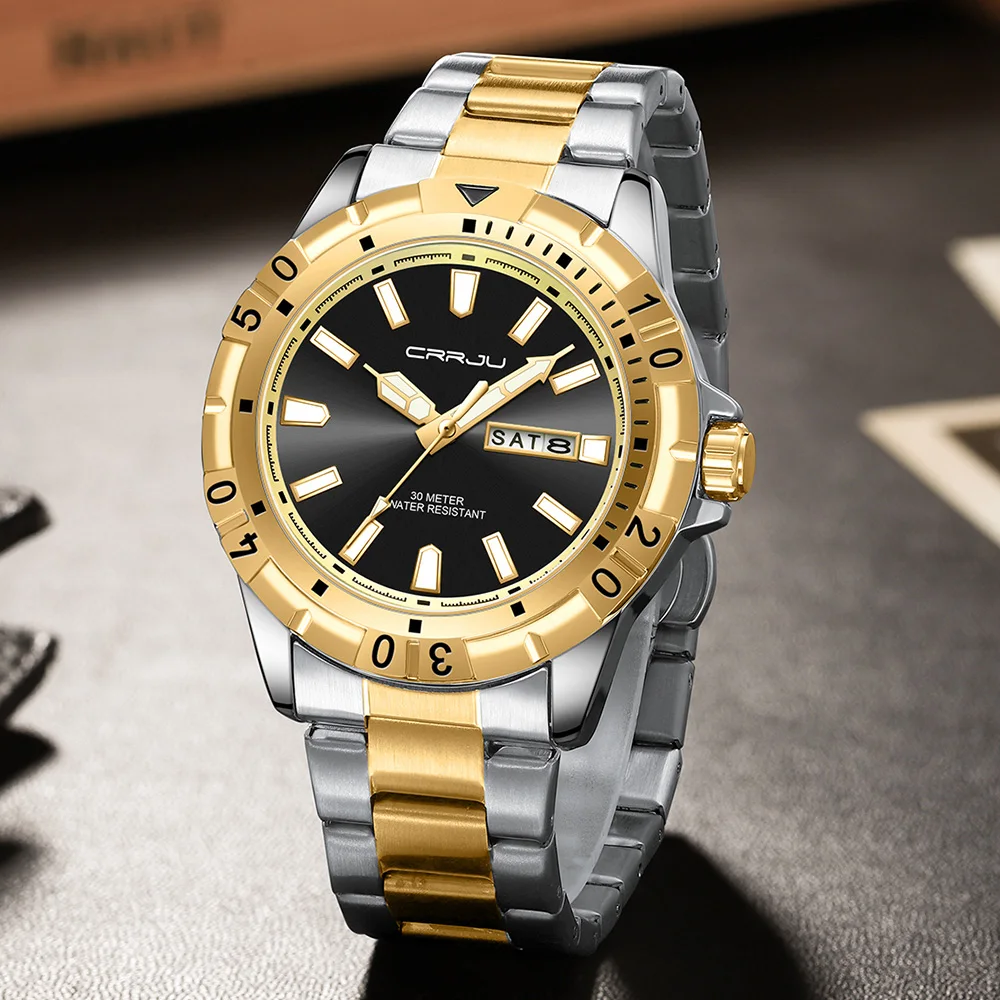 CRRJU Uhr für Herren, Business-Kleid, analog, Quarz, Edelstahl, wasserdicht, leuchtendes Datum, zweifarbig, luxuriöse Freizeit-Armbanduhr Image