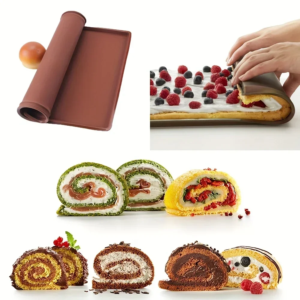 1PC Multifunktionale Silikon Kuchen Rolle Matte Backformen Tablett Pan Gemalt Pad Gebäck Schweizer Rolle Backform Werkzeug für Küche Image