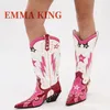 Rote Multi Western Cowboy Stiefel Spitzschuh Blockabsatz Kniehohe Stiefel Weibliche Metallic Stern Nieten Party Kleid Schuhe Runways Schuhe