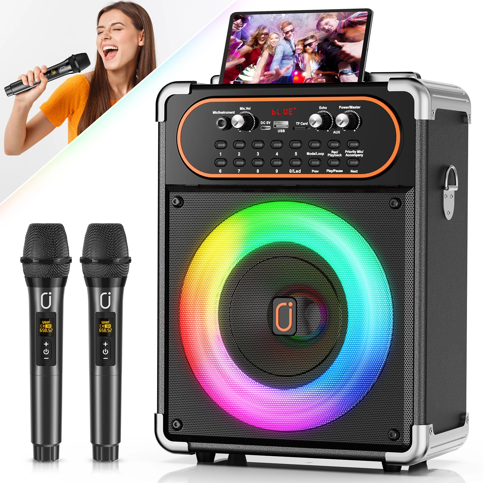 S68 Kara Ok with 2 Microphones, Portable Bluetooth 5.3 Kara Ok Speaker, Suitable for Outdoor Activities, Parties and Parties, Pa Systems, Adult Echo Adjustment, Supports Tv through Auxiliary Image