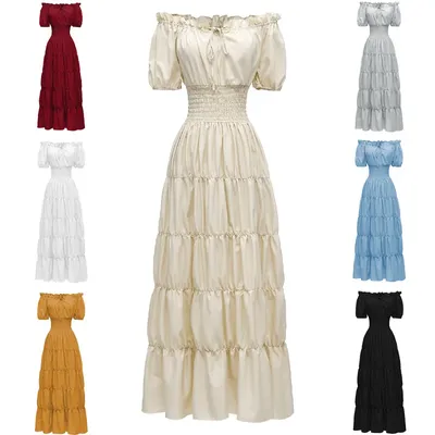 Elegantes mittelalterliches Renaissance-Kleid, Boho, kurze Ärmel, schulterfrei, gesmokte Taille, Retro-Plissee, langes Kleid, Kostümkleid Image