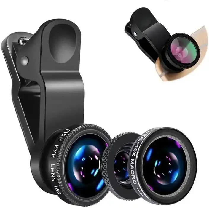 Micro objectif de caméra grand Angle Fisheye 3 en 1, pour iPhone Xiaomi Redmi, Zoom 3 en 1, objectif œil de poisson sur Smartphone avec Clip de téléphone
