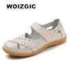 WOIZGIC Weibliche Frauen Mutter Echtes Leder Hohl Weiß Schuhe Sandalen Wohnungen Faulenzer Sommer Kühl Strand Plus Größe 41 42