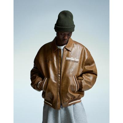 Bershka Leather Effect Embroidered Jacket Men L Camel