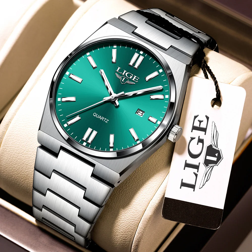 LIGE Herrenuhr, modisch, Business, Outdoor, Sport, Edelstahl, Herrenuhr, blaues Zifferblatt, Kalender, leuchtende Quarzuhren für Herren + Box Image