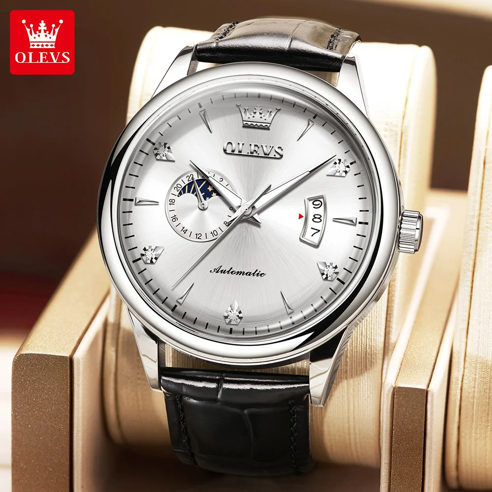 OLEVS 7040 Herrenuhren Original automatische mechanische Armbanduhr Lederarmband wasserdicht leuchtendes Datum Mondphase Reloj Hombre Image