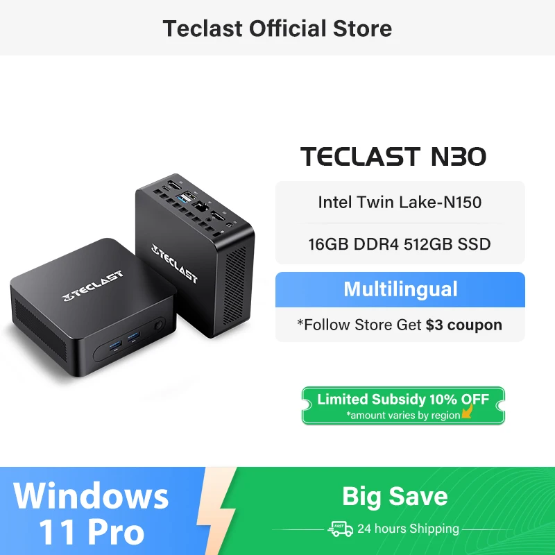 Teclast N30 Mini PC Intel Twin Lake-N150 Windows 11 Pro Mini PC 16GB DDR4 512GB PCIE M.2 SSD WiFi 5 BT5.0 Desktop Computer