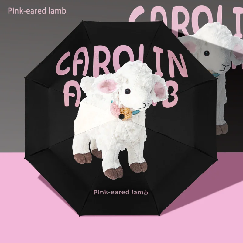 Kompakter Sonnenschirm mit automatischer Öffnung und Schließung – niedliches digitales Lammdesign, robustes schwarzes Futter für UV-Block, 3-fach und tragbar (8 Rippen). Image
