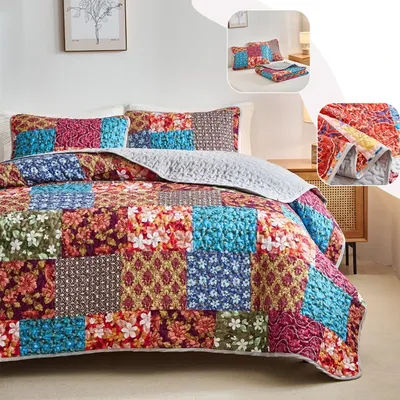 3PCS/SET Vintage Quilted Polyester Cotton Bedspread for Double Queen King Size Boho Floral Bed Cover Quilts Bed Summer Bedspread