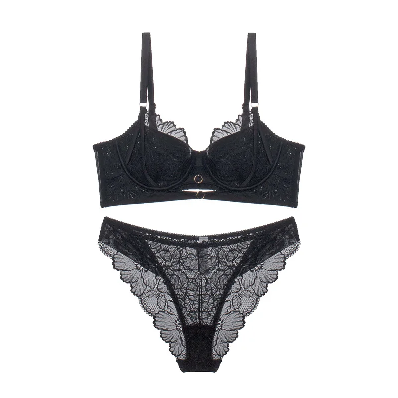Französisches Spitzen-Bügel-BH-Set, Push-Up – transparente, dünne Körbchen, zartes Bralette für kleine Brüste, sexy, zartes Höschen-Träger-Dessous-Set Image