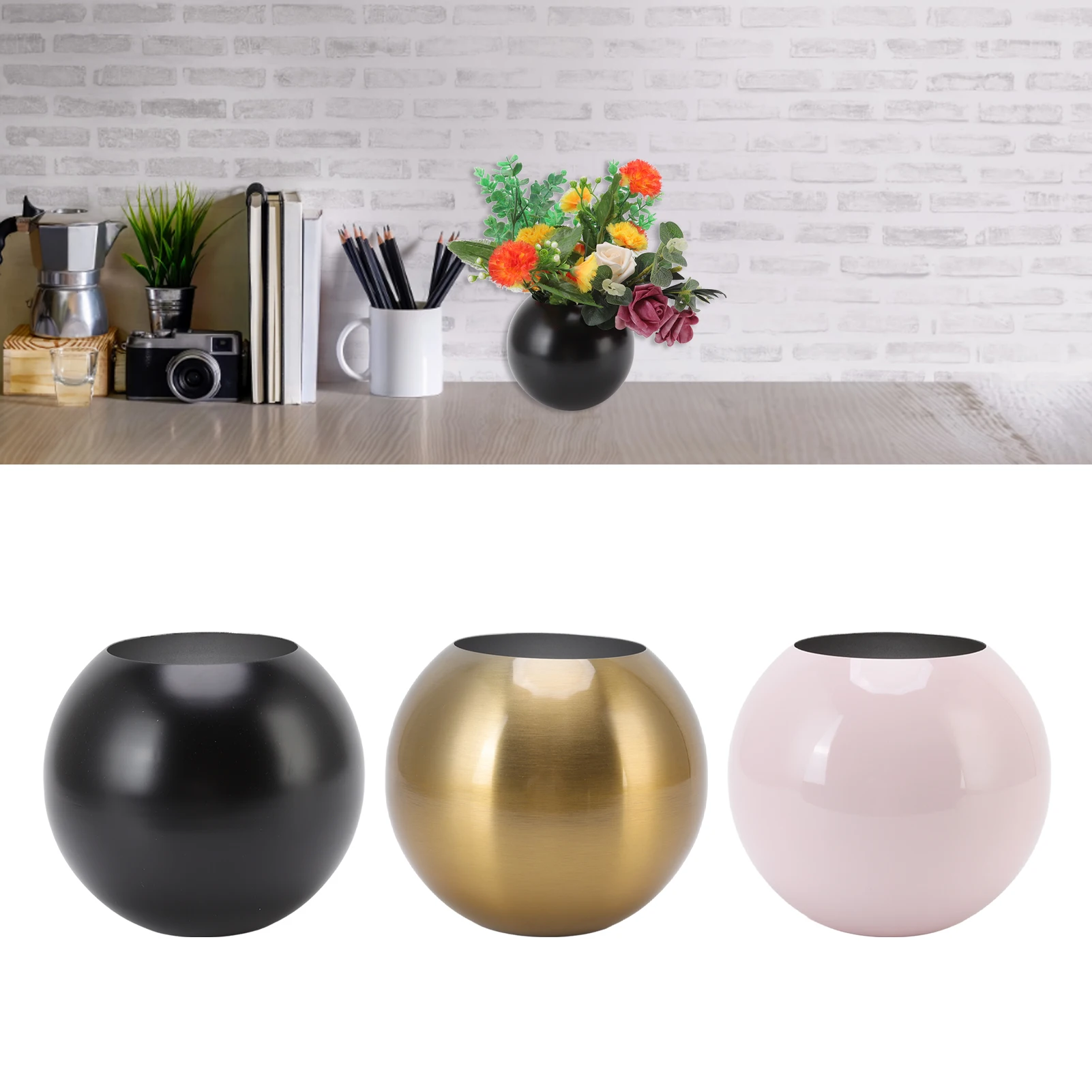 Runde Vase Nordic Moderne Edelstahl Kleine Blume Vase Ornament Wohnzimmer Tisch Dekoration Hochzeit Vase Image