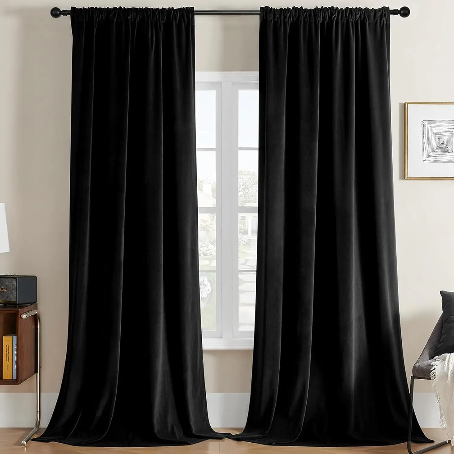 Schwarze Samtvorhänge, 84,3 cm Länge, 1 Panel, luxuriöse Verdunkelungsvorhänge mit Stangentaschen, superweiche, raumverdunkelnde Vorhänge für das Leben Image