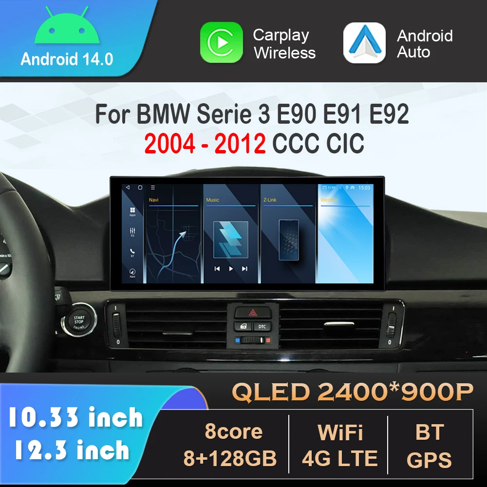 Android 14 für BMW Serie 3 E90 E91 E92 2004–2012 CCC CIC System Carplay DSP Stereo QLED GPS Autoradio Video Multimedia Player Image