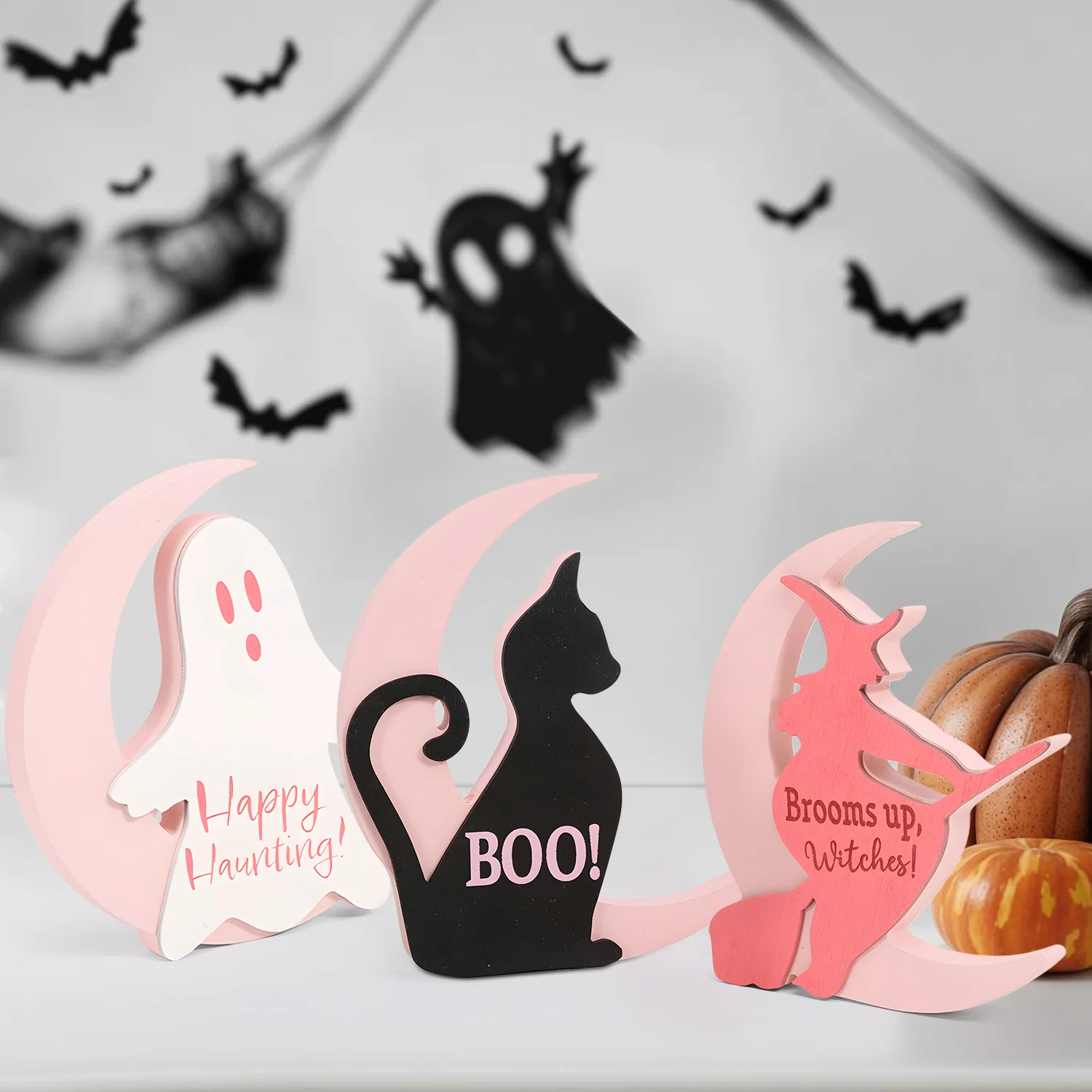 Halloween Rosa Mond Schwarze Katze/Geist/Hexe Dekoration Ornamente Halloween Atmosphäre Requisitenraum Tisch Party Dekoration Lieferungen Image