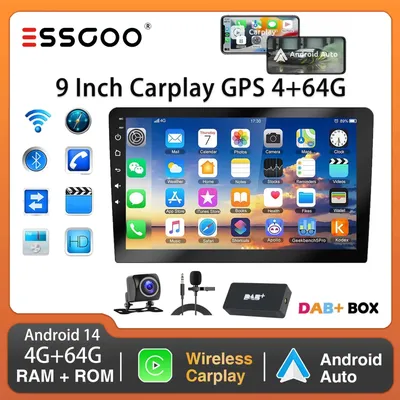 ESSGOO 9Inch 2 DIN Car Stereo Radio Wirless Carplay Android Auto Car Stereo Bluetooth 64G GPS Navigation RDS WiFi USB FM DAB+CAM