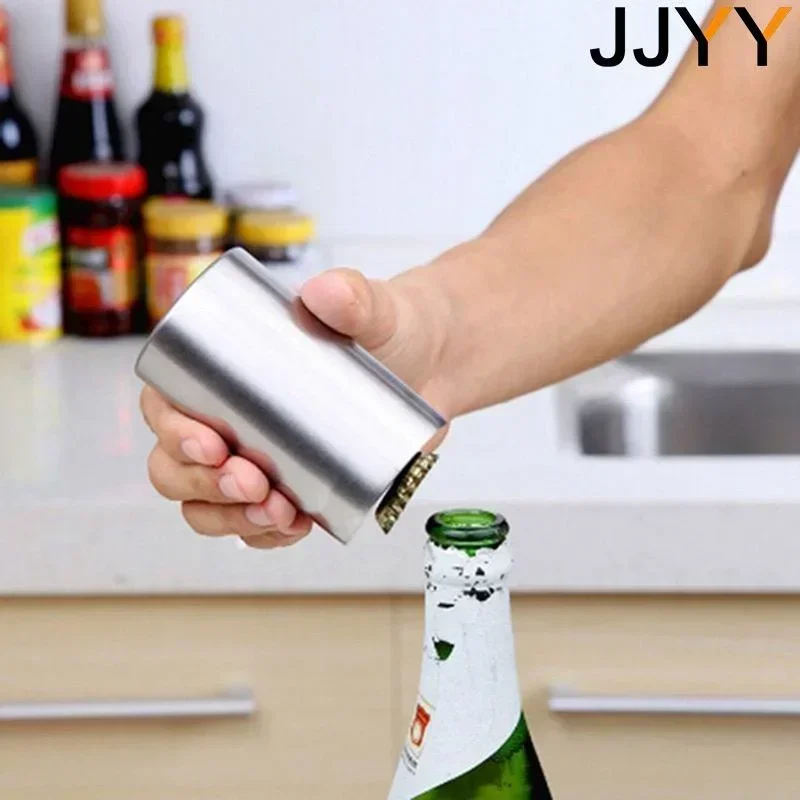 Stainless Steel Automatic Beer Bottle Opener with Magnet Push-Down Design for Wine Beer Soda Caps Kitchen Tool
