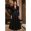 Elegantes schwarzes A-Linien-Tuxedo-Kleid Stretch-Jersey Abendkleid formelles Blazer-Kleid bodenlang mit langen Ärmeln Satin Glitzer-Spitzenkragen Hochzeit