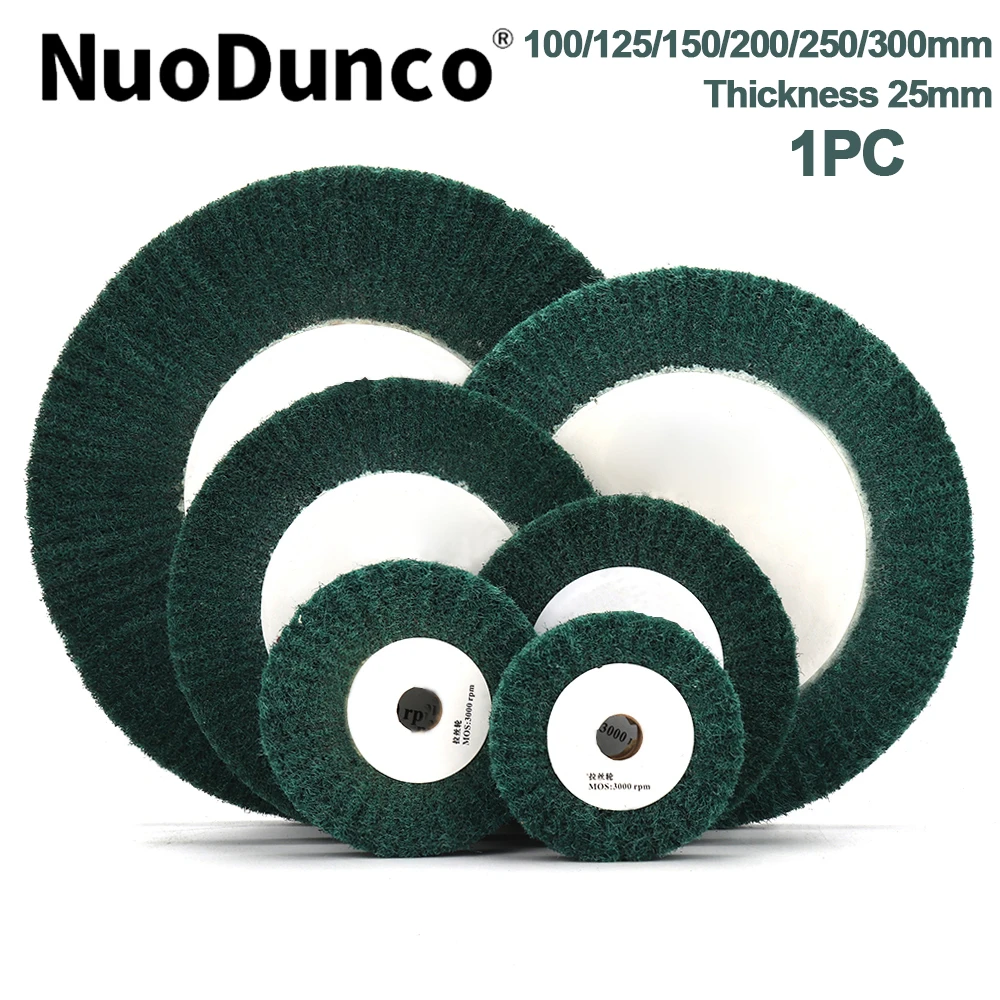 100/125/150/200/250/300mm Vlies-Schleiflamellenscheibe Grüne Nylonfaser Polierscheibe 20mm Bohrung 1'' Dicke Image
