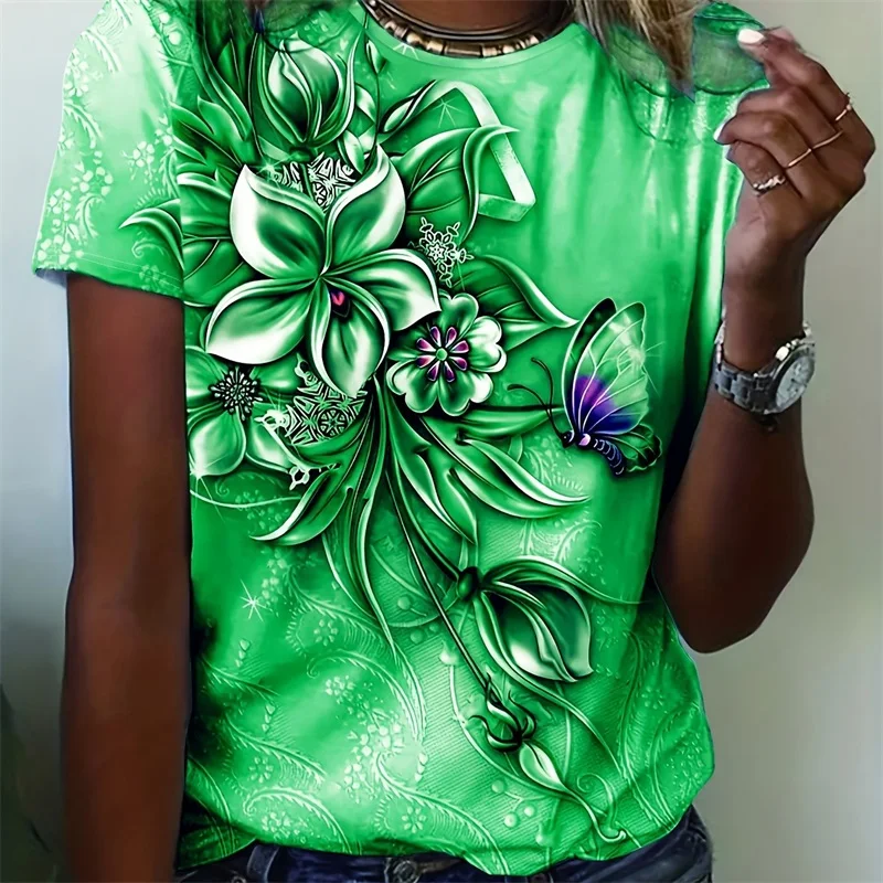 Frauen Blume Schmetterling Gedruckt T-Shirt Sommer NEUE In Übergroßen Beliebte T-Shirt Kleidung Frauen Kurzarm T-shirts Image