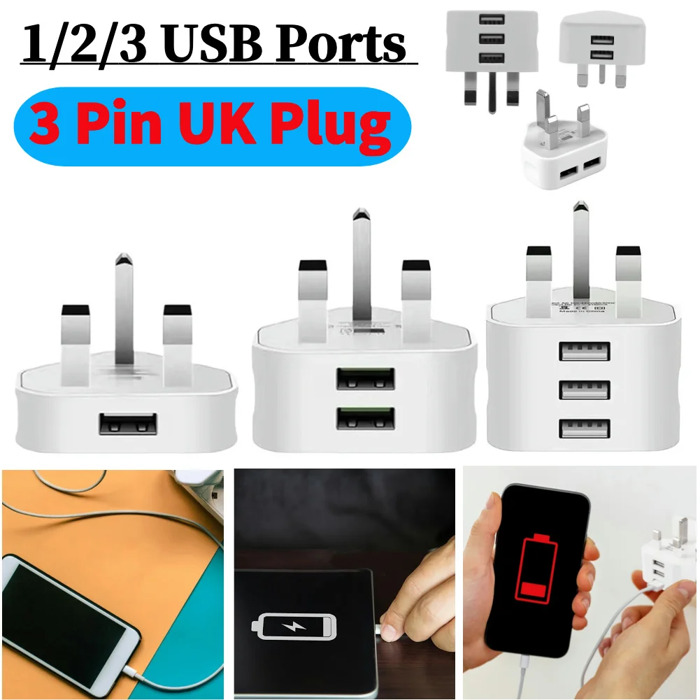 1/2/3 USB-Anschlüsse, Wandladegerät-Adapter, universeller UK-Stecker, 3-poliger USB-Netzteil, 5 V, 3,1 A, 2 A, 1 A, tragbares Reiseladegerät für iPhone Image
