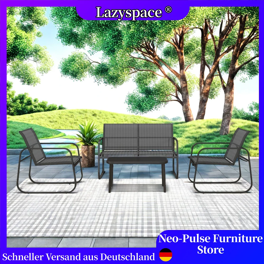 Lazyspace 4-teiliges Netz-Gartenmöbel-Set in Schwarz, 1 zwei Sitzer + 2 Stühle + 1 Couchtisch, Balkon, Terrassenmöbel-Set