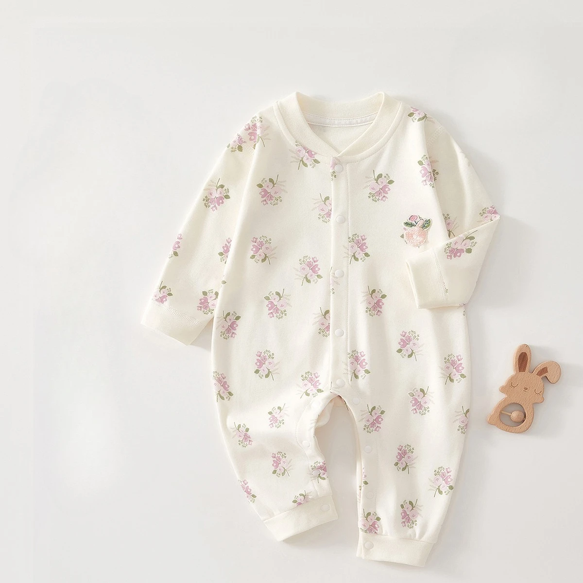 Somenie Neugeborenes Baby Langarm-Einteiler für vier Jahreszeiten, Kleidung aus reiner Baumwolle, für Jungen und Mädchen, süßer bedruckter Rundhals-Overall Image
