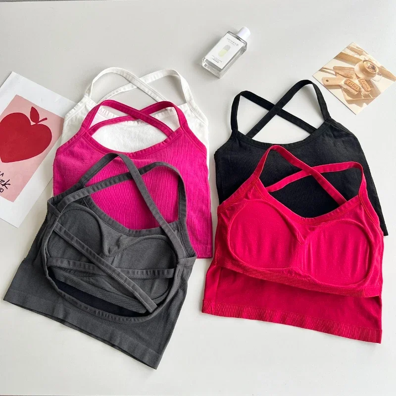Neue frauen Sport Yoga Bh Sexy Backless Kreuzmuster Leibchen Schönheit Zurück Unterwäsche Einfarbig Grundlegende Elastische Tank Top 2026 Image