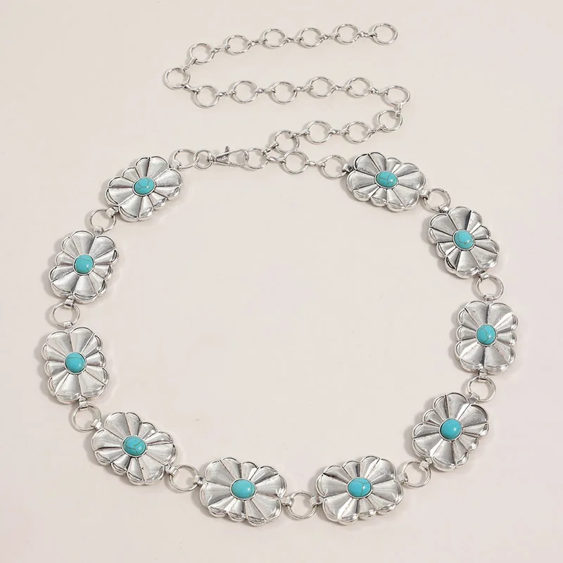 High-End-Taillenkette für Damen im Boho-Stil mit graviertem Türkis, exquisite, elegante Damen-Taillenkette aus süßem Metall