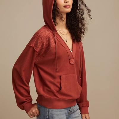 Lucky Brand Crochet Trim Baja Hoodie - Women's Clothing Outerwear Sweatshirts Crewneck Hoodies in Mahogany, Size XS