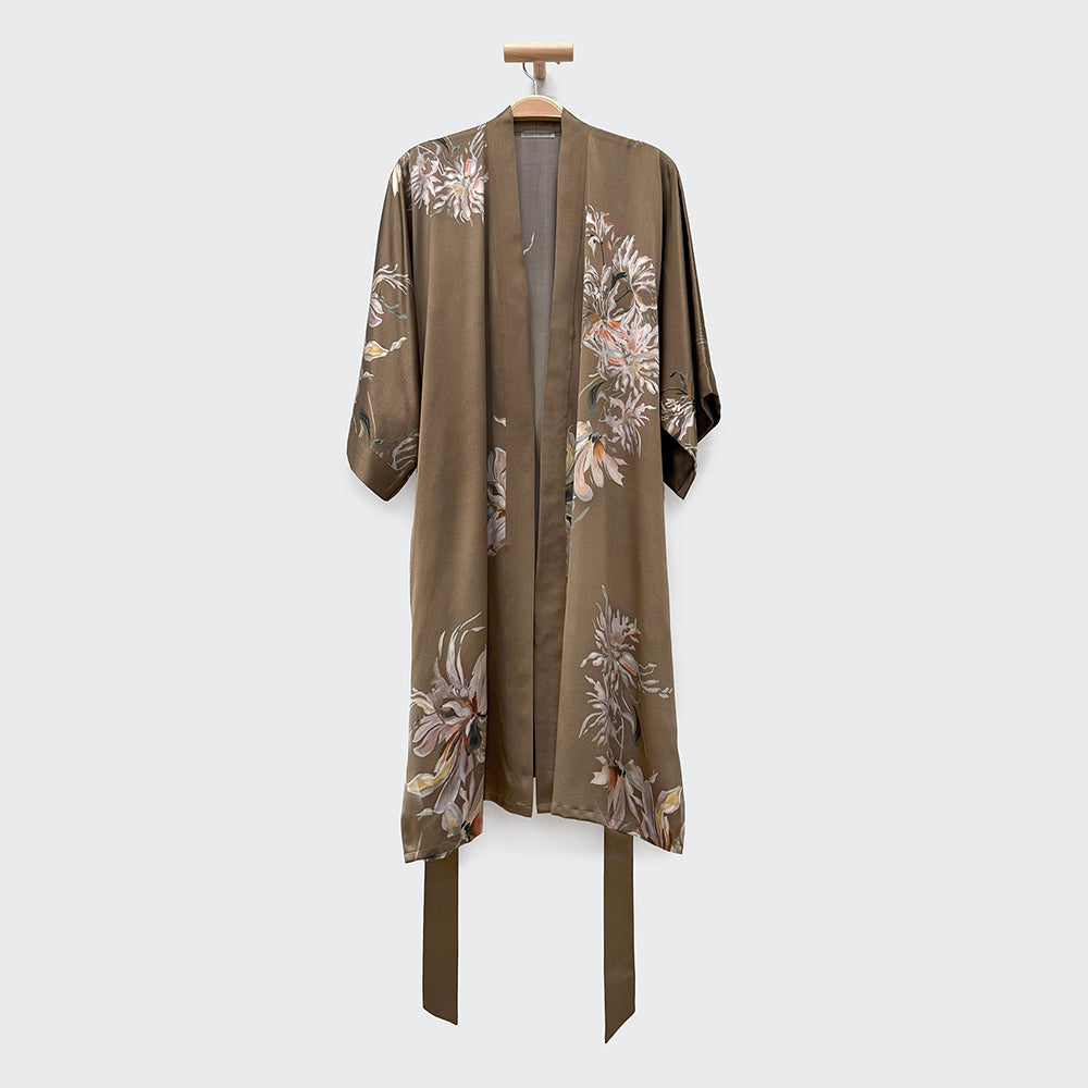 KIM+ONO Kimono Robe | Washable Silk Yuri Short Kimono Robe | Washable Silk | Mocha | Short