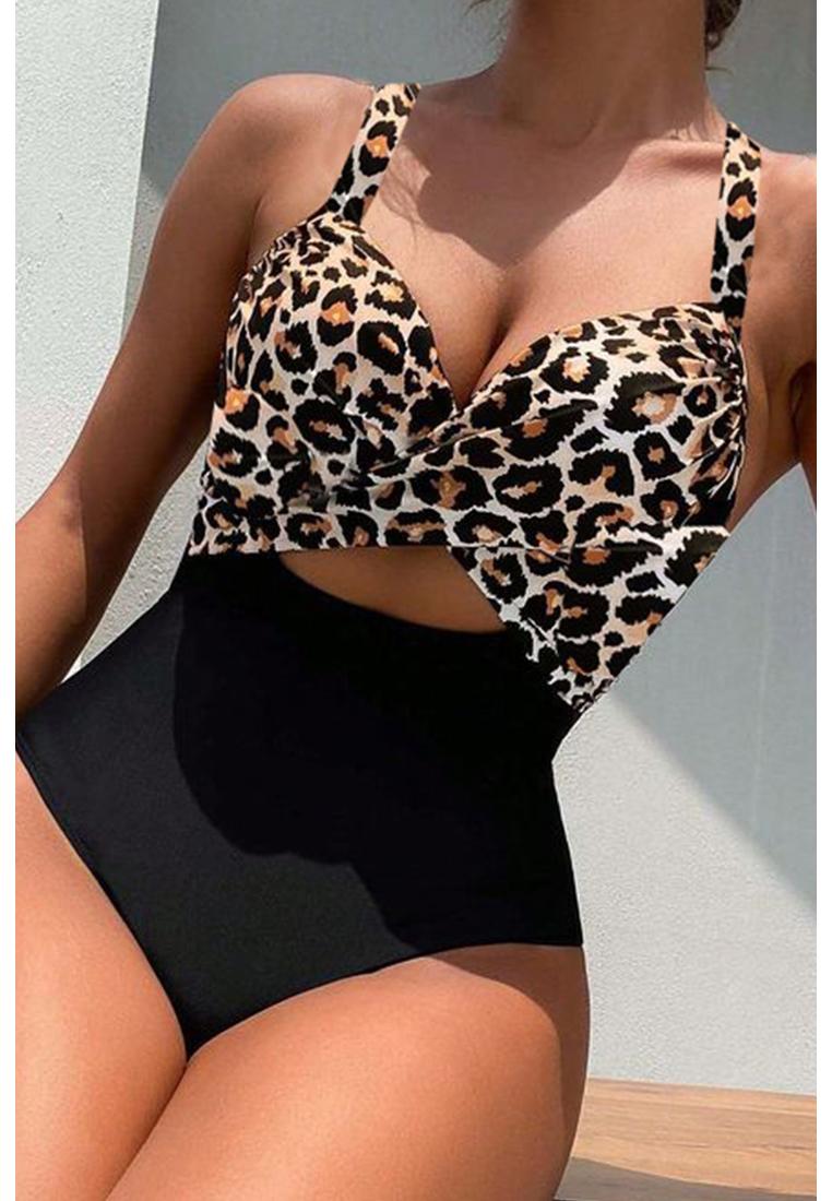 Azura Exchange Schwarzer Leopard 2-Ton Kreuzschnitt Rückenausschnitt Bikinikleid Image