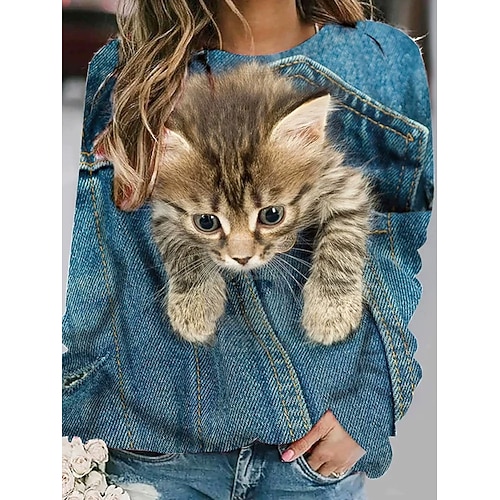 Damen Pullover Sweatshirt Kapuzenshirts Druck Grafik Tiermotiv Katze Mode Lässig Langarm Rundhalsausschnitt Rundhals Normale Oberteile Straße Alltagskleidung Denim Blue Frühling Herbst Winter