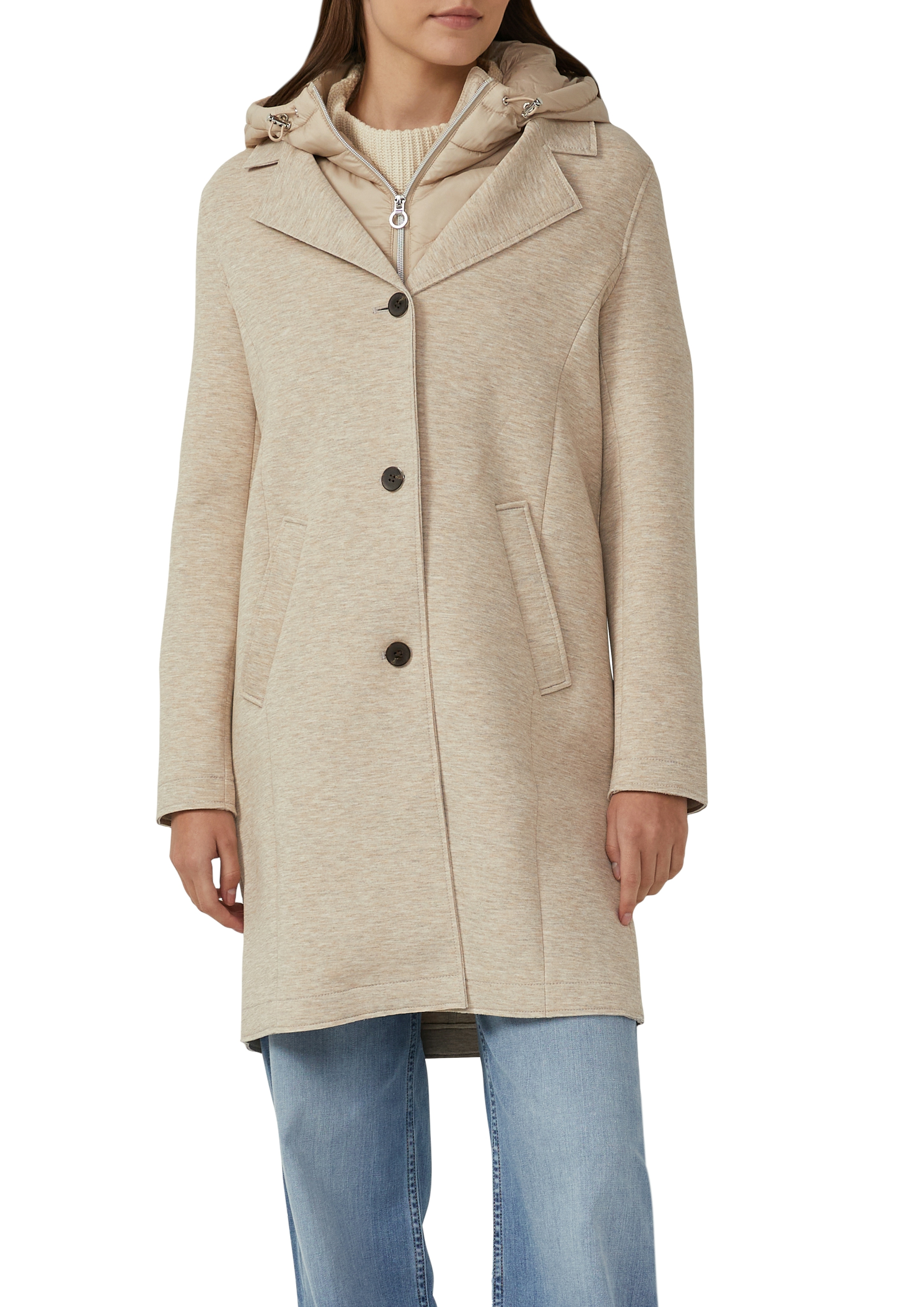 Kurzmantel S.OLIVER, Damen, Gr. 38, braun, Web, Obermaterial: 73% Polyester, 21% Viskose, 6% Elasthan, regular fit knielang, Mäntel Kurzmantel, Abnehmbarer Einsatz und Kapuze